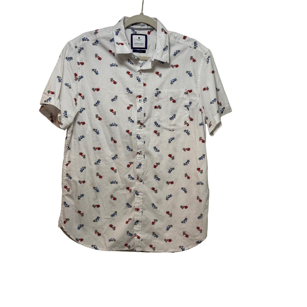 Cactus Man Slim Fit Men's White Short Sleeve Button Up Motorcycle Print Size 42